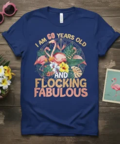 I Am 60 Years Old and Flocking Fabulous text with a tropical flamingo design on a navy blue t-shirt