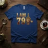 Vintage "I Am 79+" birthday t-shirt design with retro typography and a steampunk-inspired middle finger graphic