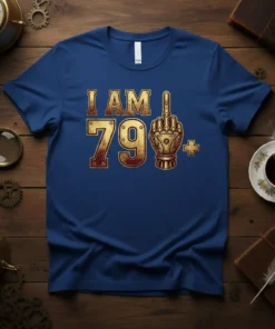 Vintage "I Am 79+" birthday t-shirt design with retro typography and a steampunk-inspired middle finger graphic