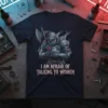 Knight in armor holding a flower with text "I Am Afraid Of Talking To Women" on a navy t-shirt