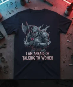 Knight in armor holding a flower with text "I Am Afraid Of Talking To Women" on a navy t-shirt