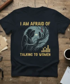 I AM AFRAID OF TALKING TO WOMEN quote on a dark t-shirt with a hooded figure and thorny branches graphic