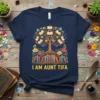 I Am Aunt Tifa t-shirt design with a tree of books and flowers, featuring yellow text