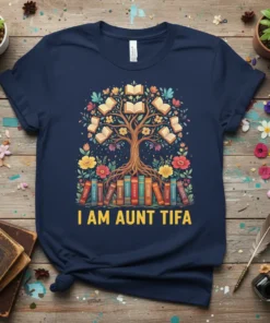 I Am Aunt Tifa t-shirt design with a tree of books and flowers, featuring yellow text