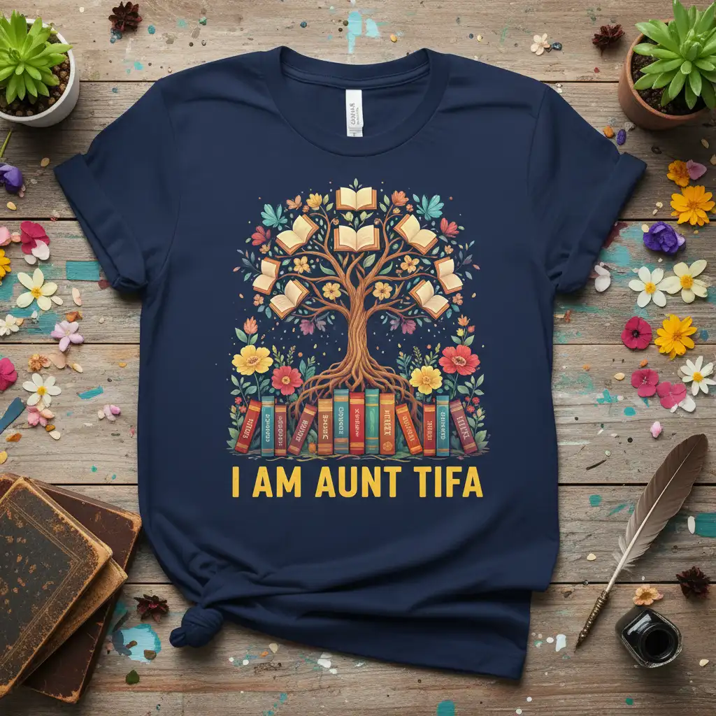 I Am Aunt Tifa quote on a t-shirt with a detailed book tree graphic and floral accents