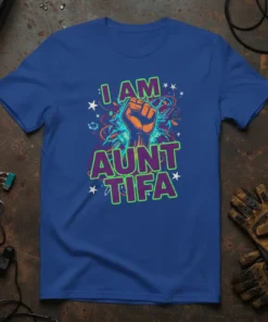 I Am Aunt Tifa text with a raised fist graphic on a blue t-shirt, featuring vibrant colors and stars