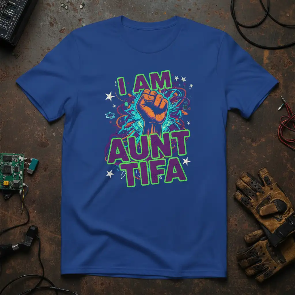 I Am Aunt Tifa text and raised fist graphic on a royal blue t-shirt, symbolizing empowerment and aunt pride