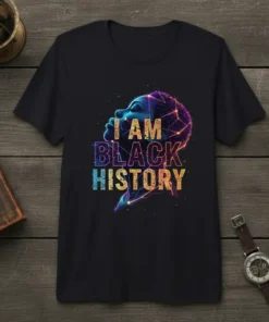T-shirt design with the text "I AM BLACK HISTORY" in bold, colorful lettering overlaying a profile of a person's head