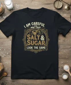 Black t-shirt with "I Am Careful With Who I Trust Salt & Sugar Look The Same" quote and mortar and