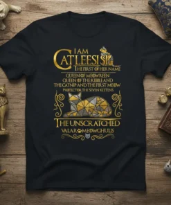 Black t-shirt with "I Am Catleesi Si" design in gold, featuring a geometric cat and Game of Thrones-inspired text about