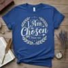 Christian T-Shirt with "I Am Chosen 1 Peter 2:9" in distressed gold font, surrounded by a laurel wreath graphic
