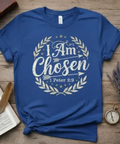 Christian T-Shirt with "I Am Chosen 1 Peter 2:9" in distressed gold font, surrounded by a laurel wreath graphic