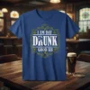 Blue t-shirt with white text "I AM DAY DRUNK GOOD SIR" inside a green shamrock and Celtic knot border