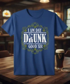 Blue t-shirt with white text "I AM DAY DRUNK GOOD SIR" inside a green shamrock and Celtic knot border