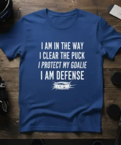 I AM IN THE WAY I CLEAR THE PUCK I PROTECT MY GOALIE I AM DEFENSE text on a blue