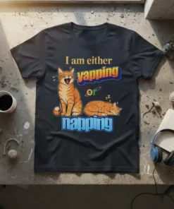 Orange tabby cat graphic with text "I am either yapping or napping" on a dark t-shirt