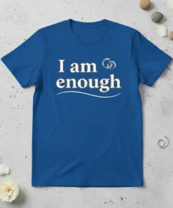 Blue t-shirt with white text "I am enough" and interlocking rings graphic, promoting self-love and affirmation
