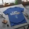 Royal blue t-shirt with gold "I am Enough" text and a silver phoenix graphic