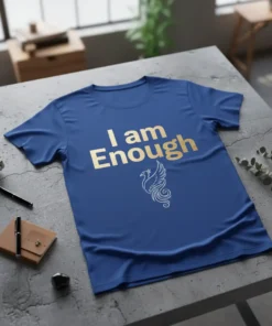 Royal blue t-shirt with gold "I am Enough" text and a silver phoenix graphic