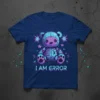 I Am Error teddy bear t-shirt design featuring a blue and purple glitchy bear with pixelated elements and bright starbursts