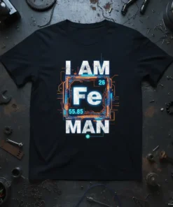 I AM Fe MAN T-Shirt design with periodic table element Fe and futuristic circuitry