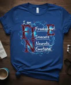 I am FI NE Freaked-out Insecure Neurotic Emotional t-shirt design with red gothic font on blue background