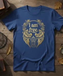 I am free. quote t-shirt with golden wings and birdcage graphic, inspirational apparel