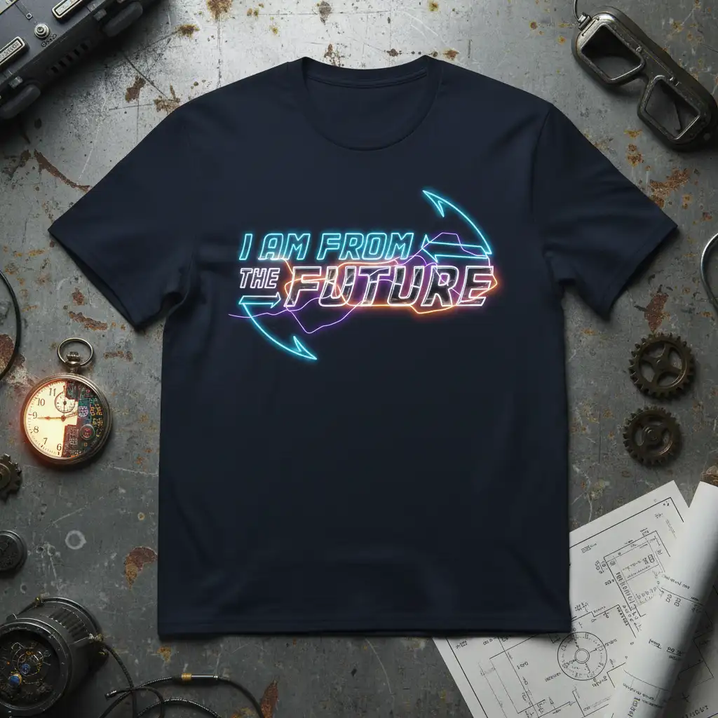 I Am From The Future quote in glowing neon font on a dark t-shirt, sci-fi themed graphic design