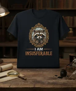 I Am Insusferable quote with a framed raccoon graphic on a black t-shirt, humorous animal design