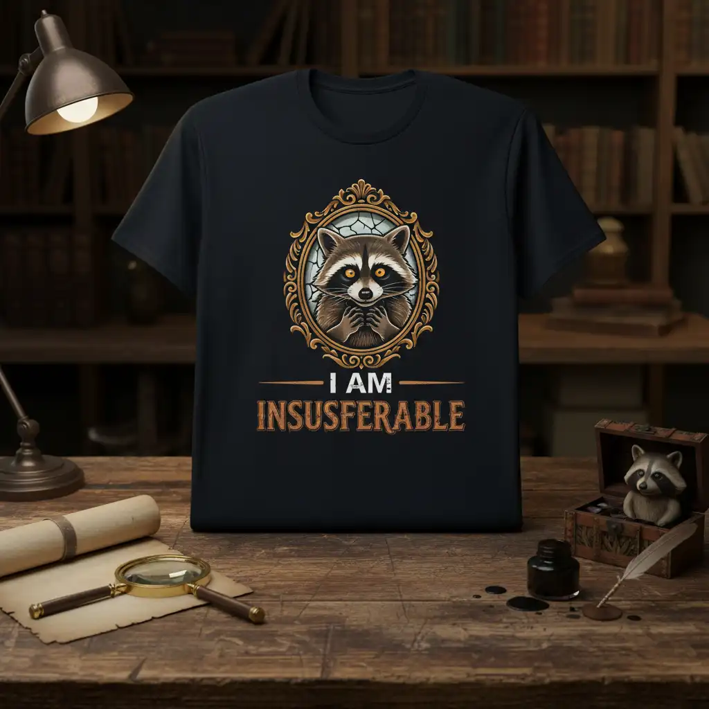 I Am Insusferable quote design featuring a raccoon in a vintage frame, humorous animal statement tee