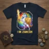 I Am Jewnicorn t-shirt design featuring a unicorn with a Star of David shield and a rainbow galaxy background