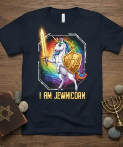 I Am Jewnicorn t-shirt design featuring a unicorn with a Star of David shield and a rainbow galaxy background