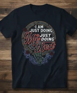 I AM JUST DOING My JUST DOING Best quote on a dark t-shirt with a skeleton hand and roses design