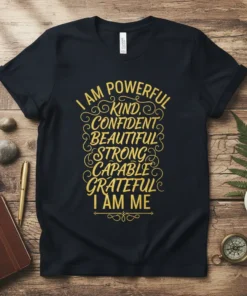 Dark t-shirt with gold text "I AM POWERFUL KIND, CONFIDENT BEAUTIFUL STRONG CAPABLE GRATEFUL I AM ME" in decorative font