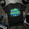 Black t-shirt with bold blue and green graffiti-style text that reads "I AM MUSIC" and musical notes