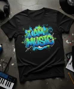 Black t-shirt with bold blue and green graffiti-style text that reads "I AM MUSIC" and musical notes