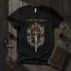 I Am No Man quote t-shirt design with a golden sword intertwined with roses and vines
