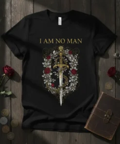 I Am No Man quote t-shirt design with a golden sword intertwined with roses and vines