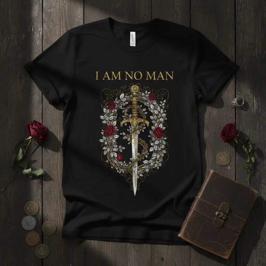 I Am No Man quote design with ornate sword and red roses, symbolizing female strength and empowerment