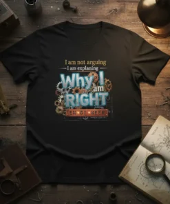 Black t-shirt with "I am not arguing I am explaining Why I am RIGHT ENGINEER" text and gears graphic