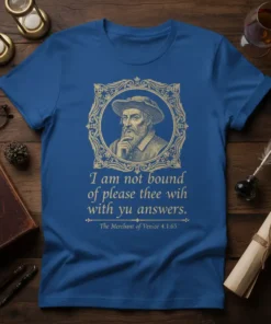 I am not bound of please thee wih with yu answers quote from The Merchant of Venice on a blue