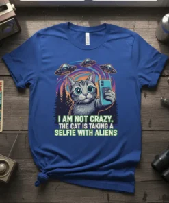 I Am Not Crazy The Cat Is Taking A Selfie With Aliens text on a blue t-shirt with a cat
