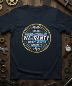T-shirt with "I Am Not Getting Older Warranty I Am Outliving The Warranty" text in a circular emblem design
