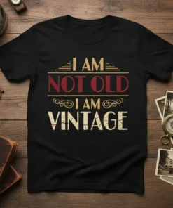 I Am Not Old I Am Vintage quote on a black t-shirt, featuring distressed text and retro decorative elements