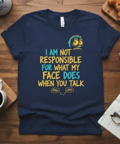 Navy t-shirt with bold yellow and teal text: "I AM NOT RESPONSIBLE FOR WHAT MY FACE DOES WHEN YOU TALK"