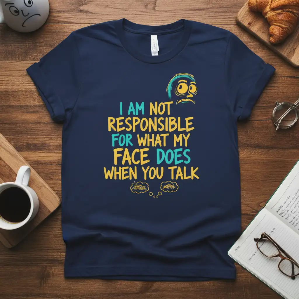 I Am Not Responsible For What My Face Does When You Talk quote on a navy t-shirt with a funny face graphic