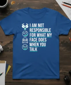 T-shirt with the quote "I Am Not Responsible For What My Face Does When You Talk" and four expressive emoji