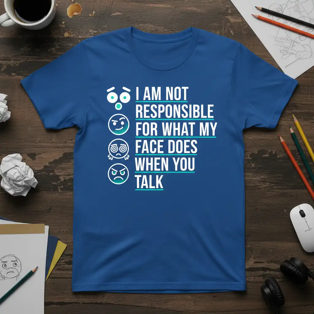 I Am Not Responsible For What My Face Does When You Talk quote on a t-shirt with expressive emoji graphics