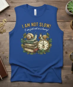 I AM NOT SLOW! I am just not in a hurry! text with snails on books and clock graphic on