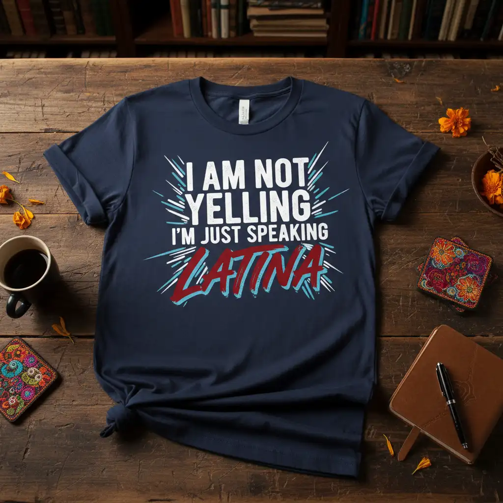 I AM NOT YELLING I'M JUST SPEAKING LATINA quote t-shirt design with bold typography and vibrant colors